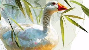 白鹅立于竹叶间的画面