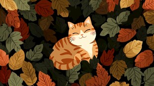 秋叶中的惬意猫咪