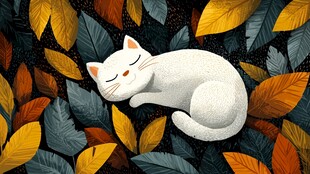 落叶中安睡的白色猫咪