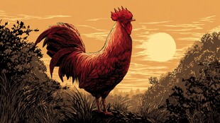 晨曦中昂首挺立的红公鸡