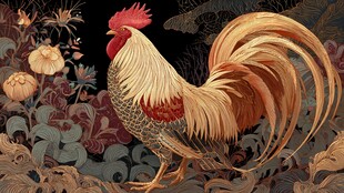 雄鸡傲立花丛间