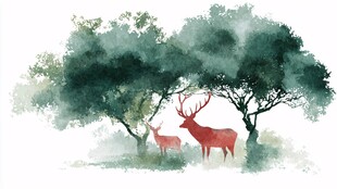 林间双鹿的水彩梦幻图景