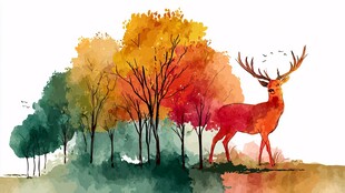 秋日彩林旁的斑斓麋鹿