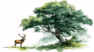 树下雄鹿的自然水彩画