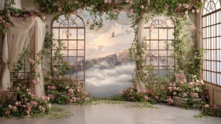 梦幻花窗下的浪漫花园场景