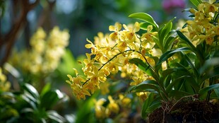 金黄兰花绽放绿意间