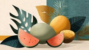 缤纷水果与热带叶片组合