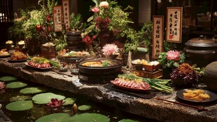 日式精致料理摆设于水畔