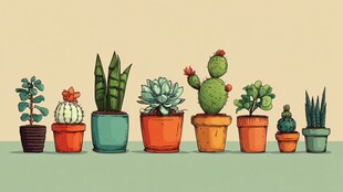 一排可爱的多肉仙人掌盆栽