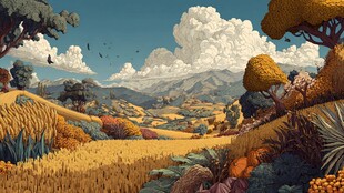 田园风光 金黄田野与远山