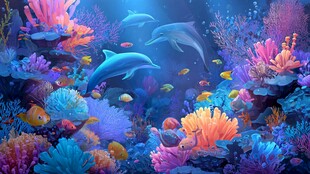 梦幻海底世界的海豚与珊瑚