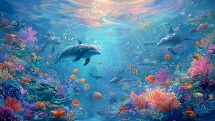 梦幻海底世界的海豚与珊瑚