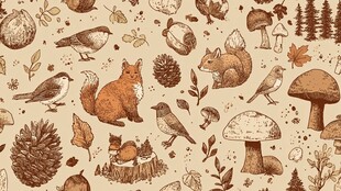 森林小动物与植物无缝图案