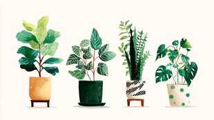 四盆可爱绿植插画展示