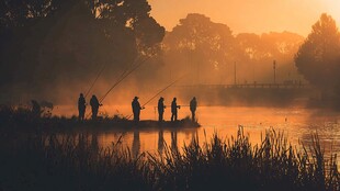 晨雾中湖畔的垂钓者剪影