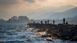 黄昏海边众人垂钓美景