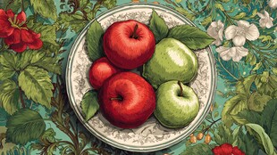 盘中红绿苹果与花卉图案