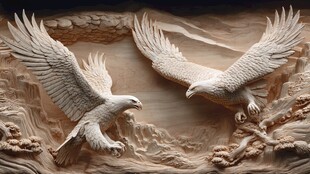 双鹰木雕作品展现力量美