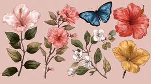 多彩花卉与灵动蝴蝶插画