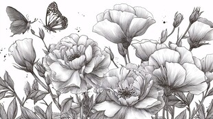 黑白花卉与蝴蝶插画