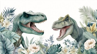 双恐龙与植物梦幻场景