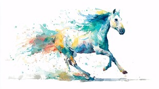 彩色泼墨风奔腾骏马图