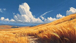 金色麦野上的蓝天白云