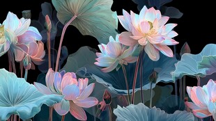 梦幻粉蓝荷花绽放图景