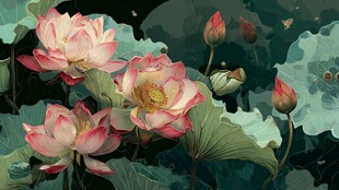 水墨风盛开的娇艳荷花