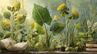 奇幻植物与翻开的书籍世界