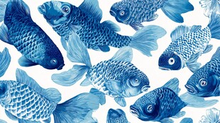 蓝色金鱼图案水彩插画