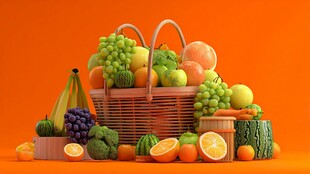 满篮鲜果与多样果蔬组合