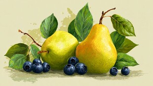 梨与蓝莓的清新静物画