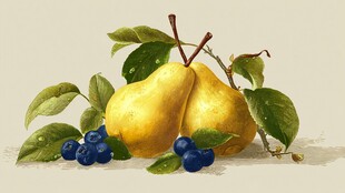 双梨伴蓝莓的清新静物画