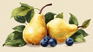 梨与蓝莓的水彩静物画