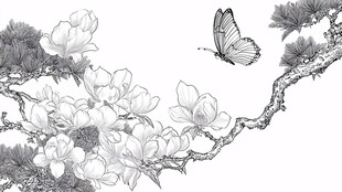 玉兰花枝间的蝴蝶飞舞