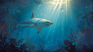 深海中遨游的大白鲨