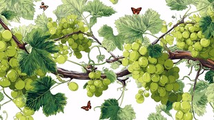 绿葡萄藤蔓与蝴蝶插画