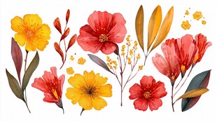 水彩风多彩花卉植物元素