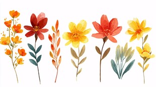 手绘多彩花卉植物组合