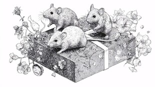 三只小鼠栖于繁花包裹物上