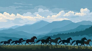 群马奔腾于山峦云海间