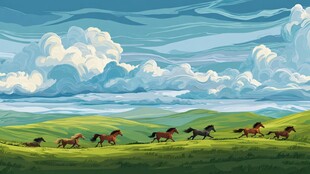 草原骏马奔腾壮丽风光