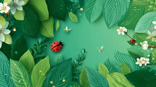 绿意盎然中的瓢虫与繁花