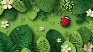 绿叶间的瓢虫与白花