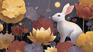 玉兔伴金莲月夜美景