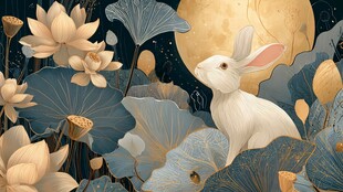 月下水边白兔伴荷花