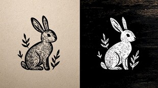 黑白兔子插画图案设计