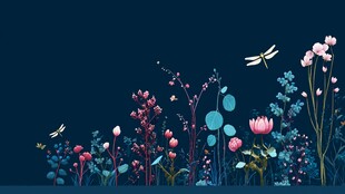 夜下花丛蜻蜓飞舞插画