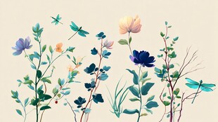 花卉与蜻蜓的清新插画